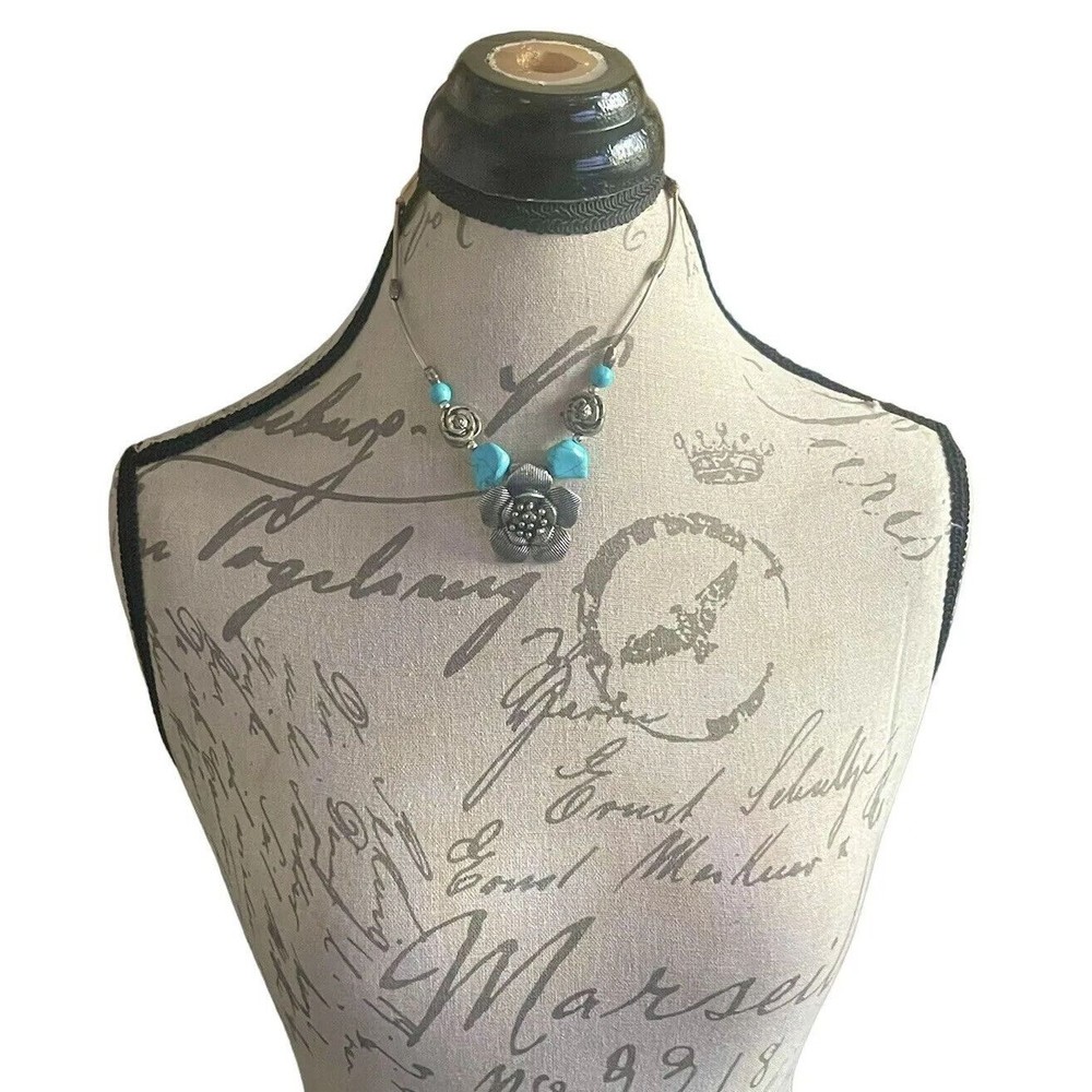 Womens Rose necklace 3D pendant  Turquoise Green Silver Color  Y2K